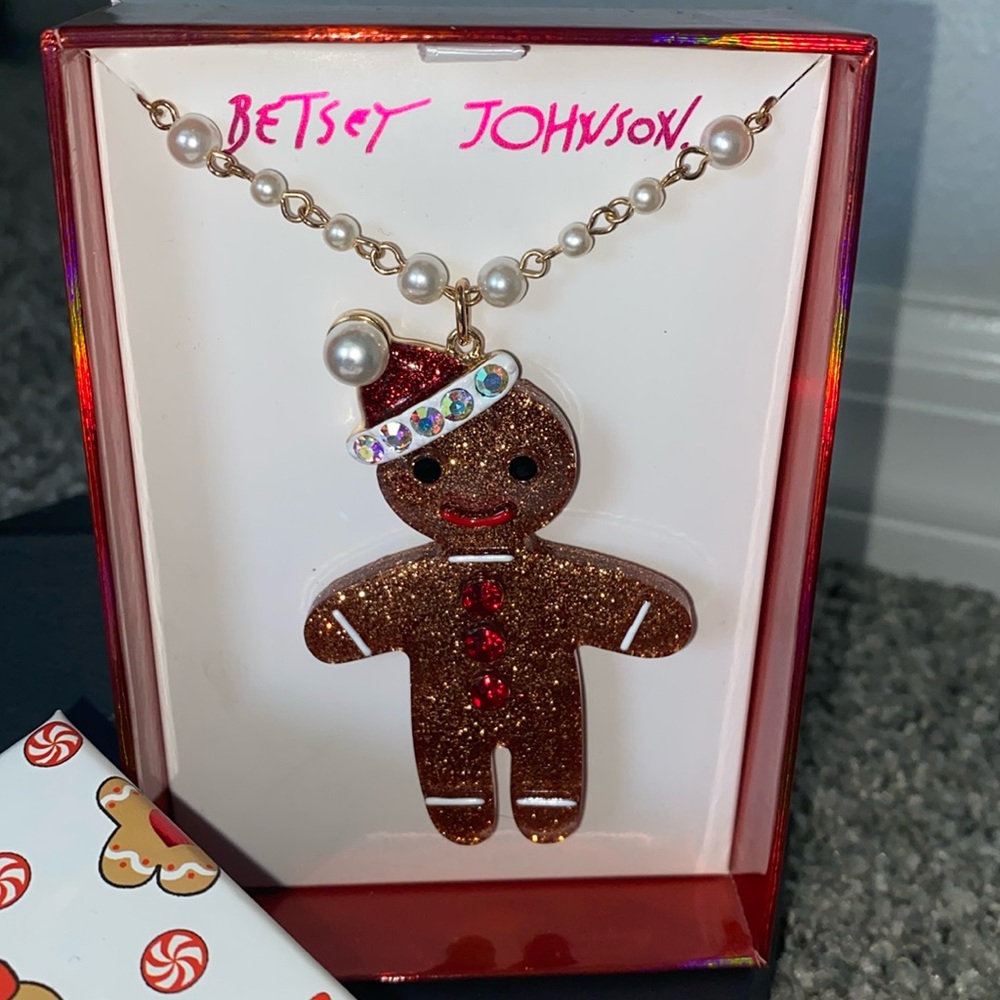 NWT Betsey Johnson jewelry Gingerbread Man with Santa Hat Long necklace